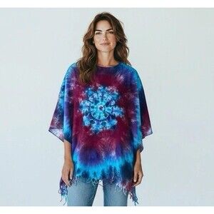 Dharma Trading Co Tie-Dye Poncho Cover Up OS Plus Rayon Boho Fringe Top India